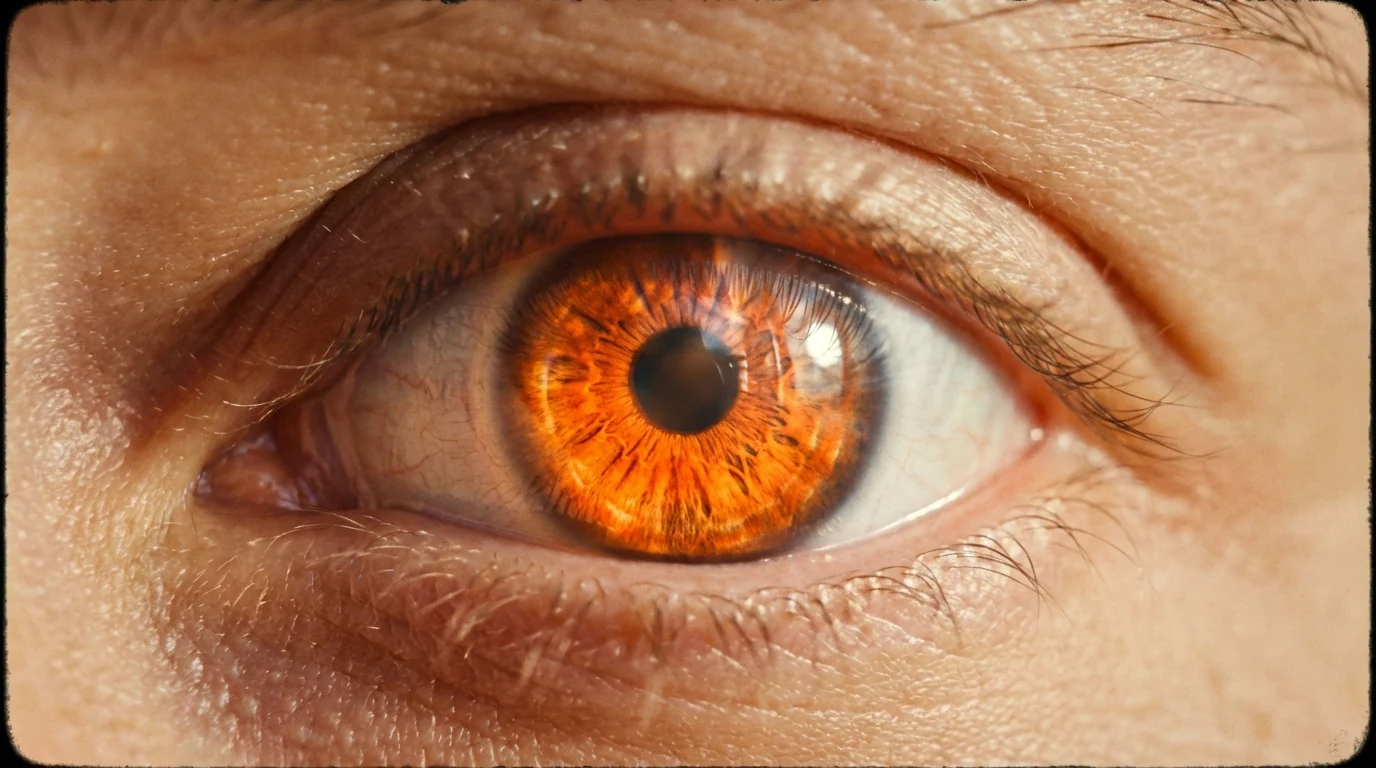 Cinematic macro — a human eye with an iris of burning embers